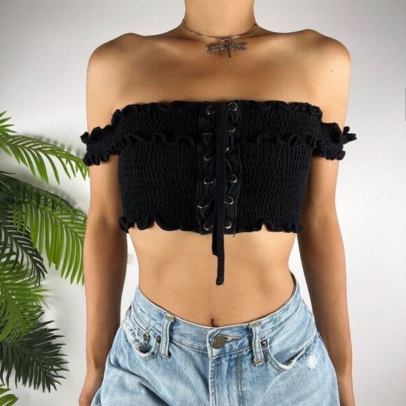 Vintage Y2K Black Grunge Baddie Smocked Off The Shoulder Lace Up Crop Top / M - Picture 1 of 8